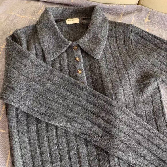 Khaite Gray Ribbed Polo Sweater - Timeless Elegance - Picture 1 of 4